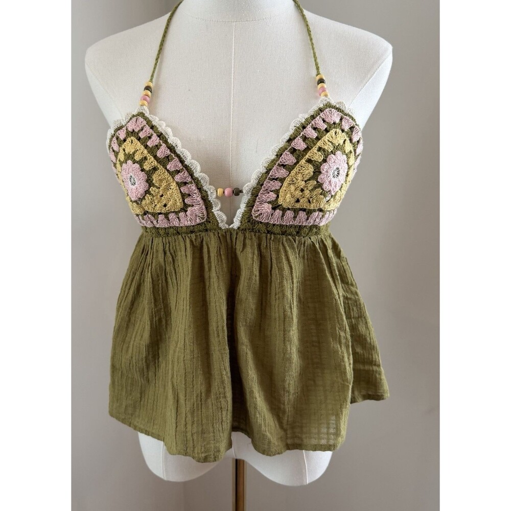 ZARA Crochet V-Neck Cotton/Modal Halter Top Khaki Green Gauze 7200/121 Sz SMALL